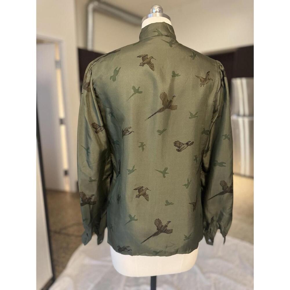 Vntg Gloria Sacks NY 100% Silk Blouse Top Bow Tie Olive Green 10 Or L Union Made - Picture 6 of 9